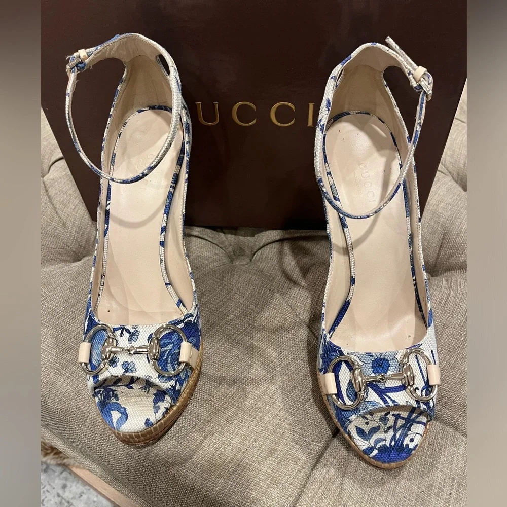 Gucci Blue and White Floral Wedge Sandals with Ankle Strap